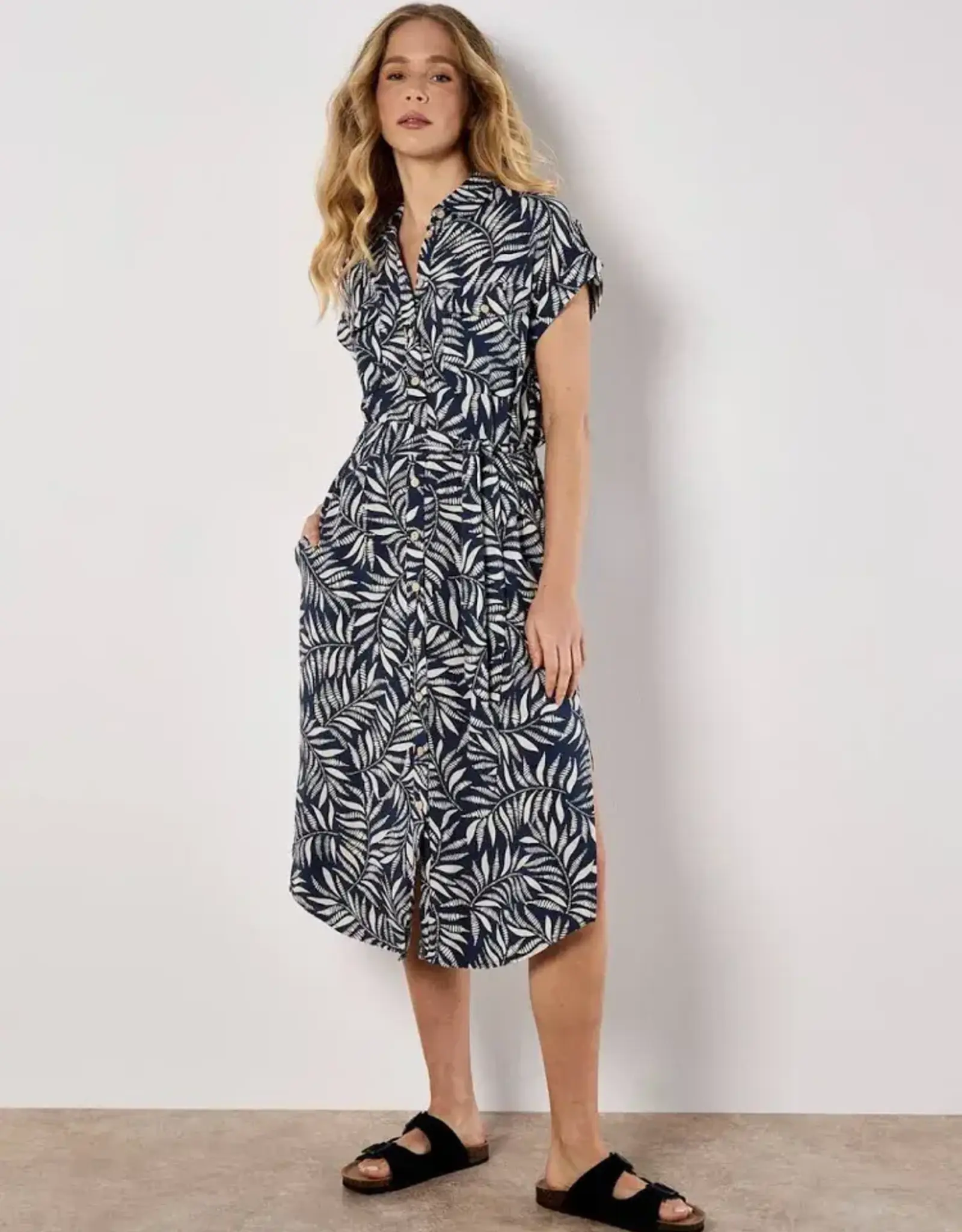 Apricot  Flowing Leaves Shirt Dress Navy
