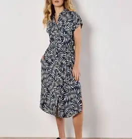 Apricot Flowing Leaves Shirt Dress Navy