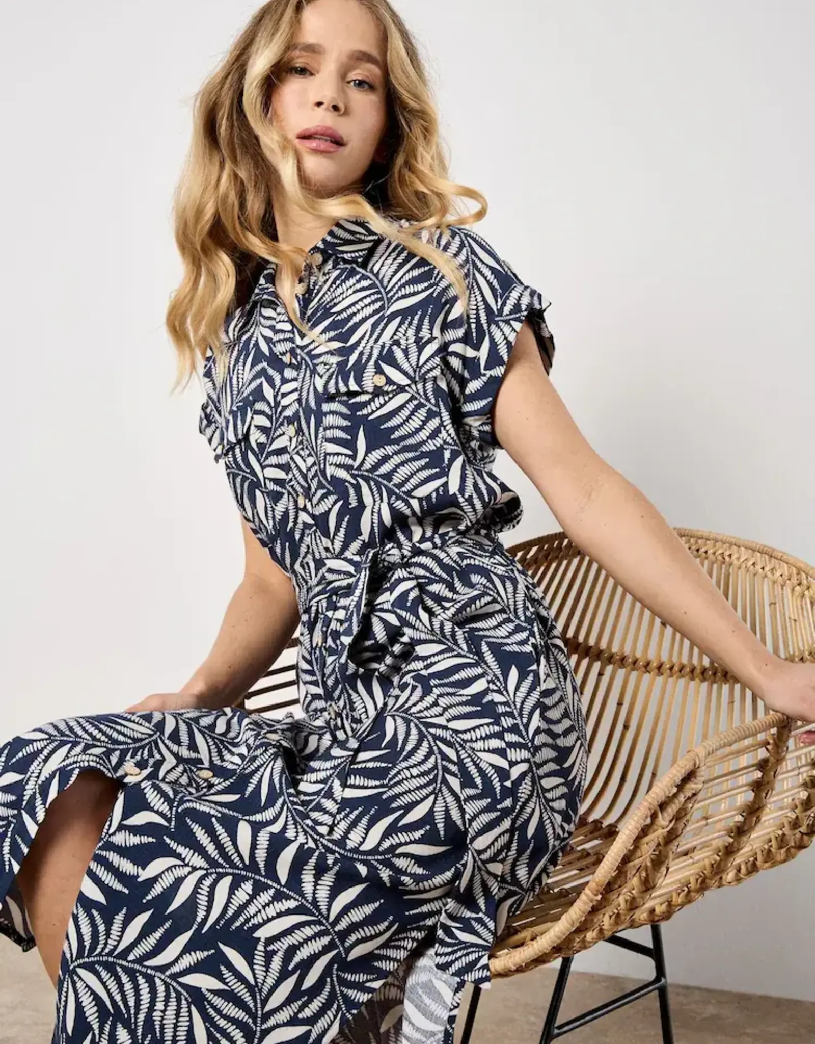 Apricot  Flowing Leaves Shirt Dress Navy