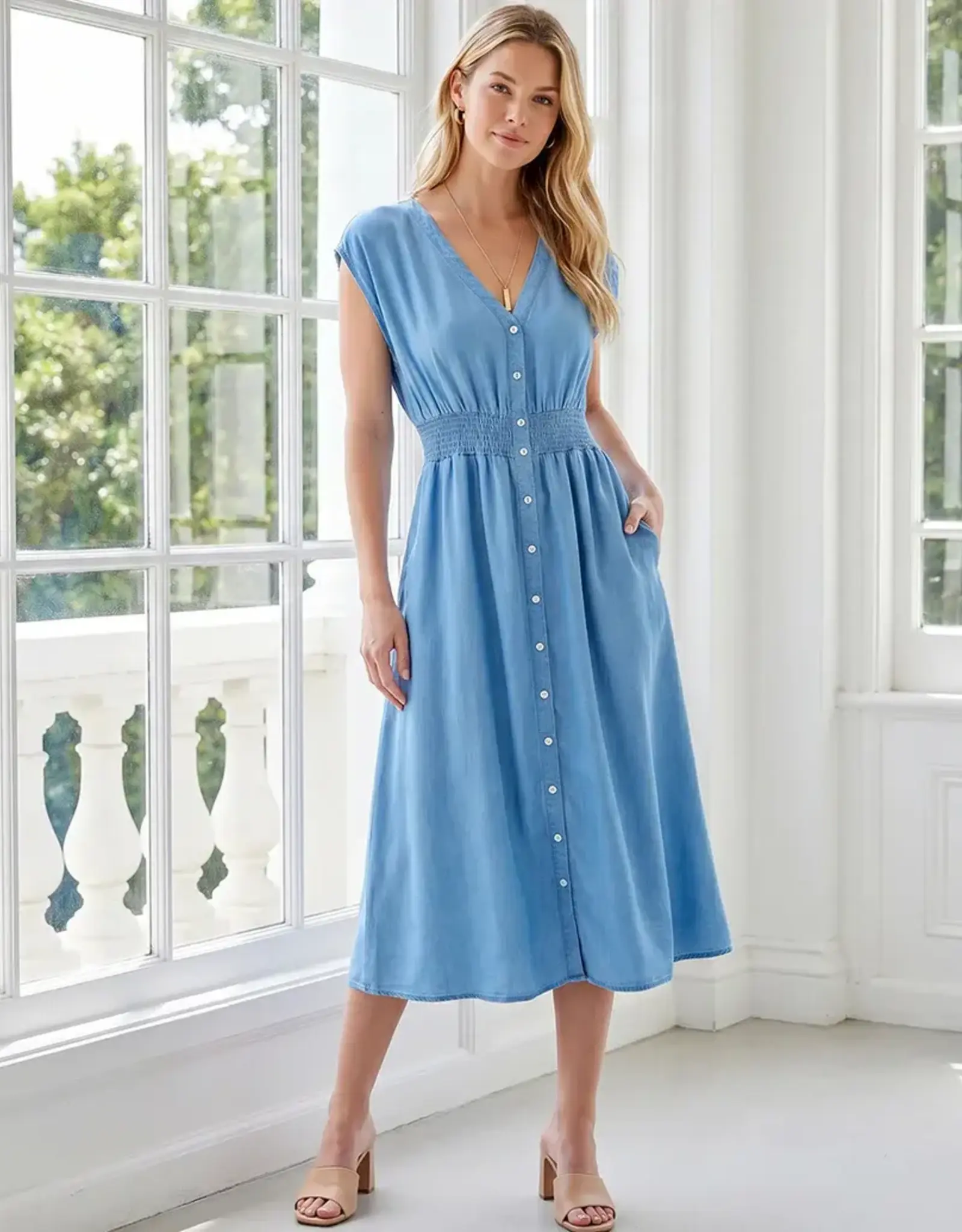 Karen Kane Chambray Smocked Waist Midi Dress