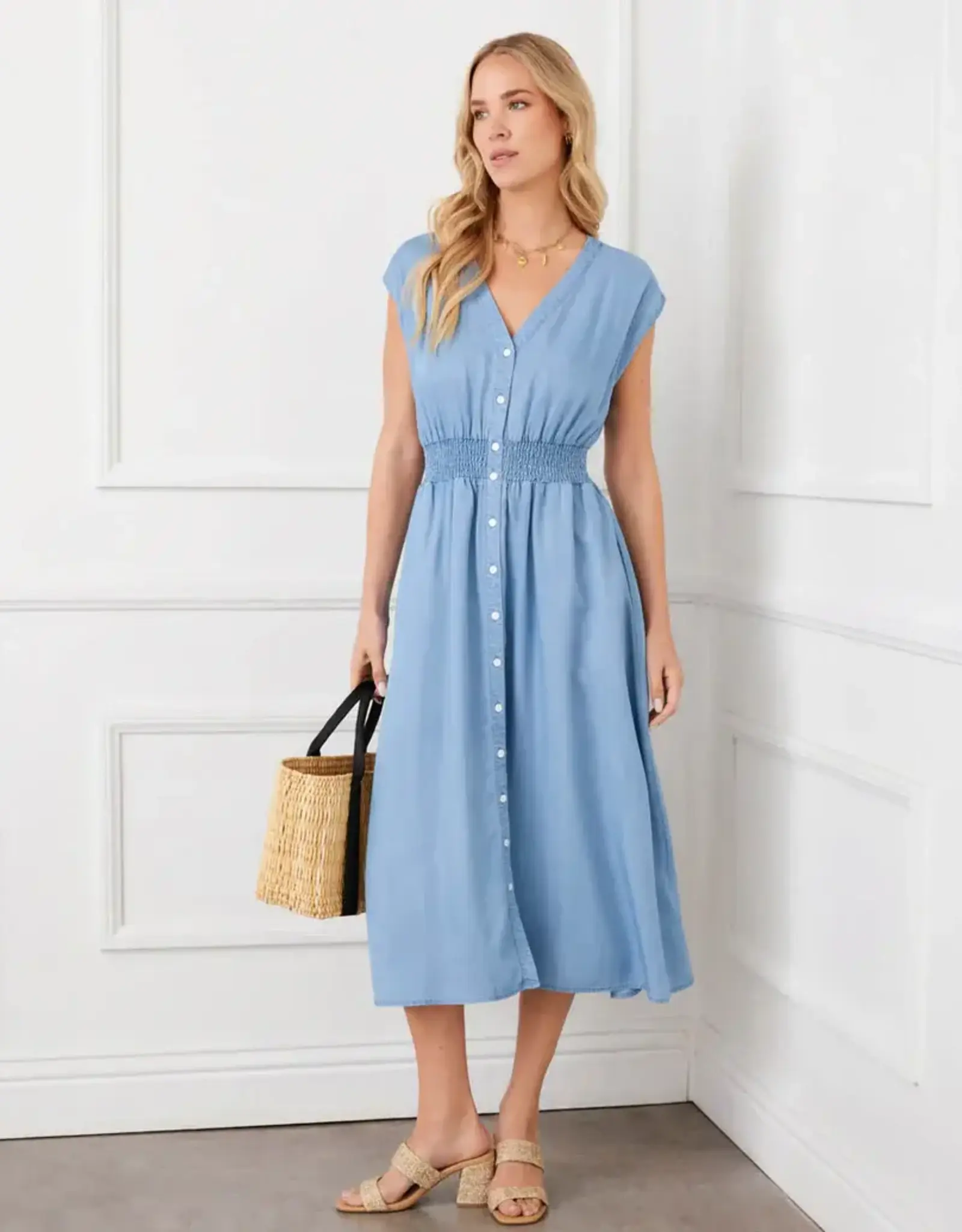 Karen Kane Chambray Smocked Waist Midi Dress