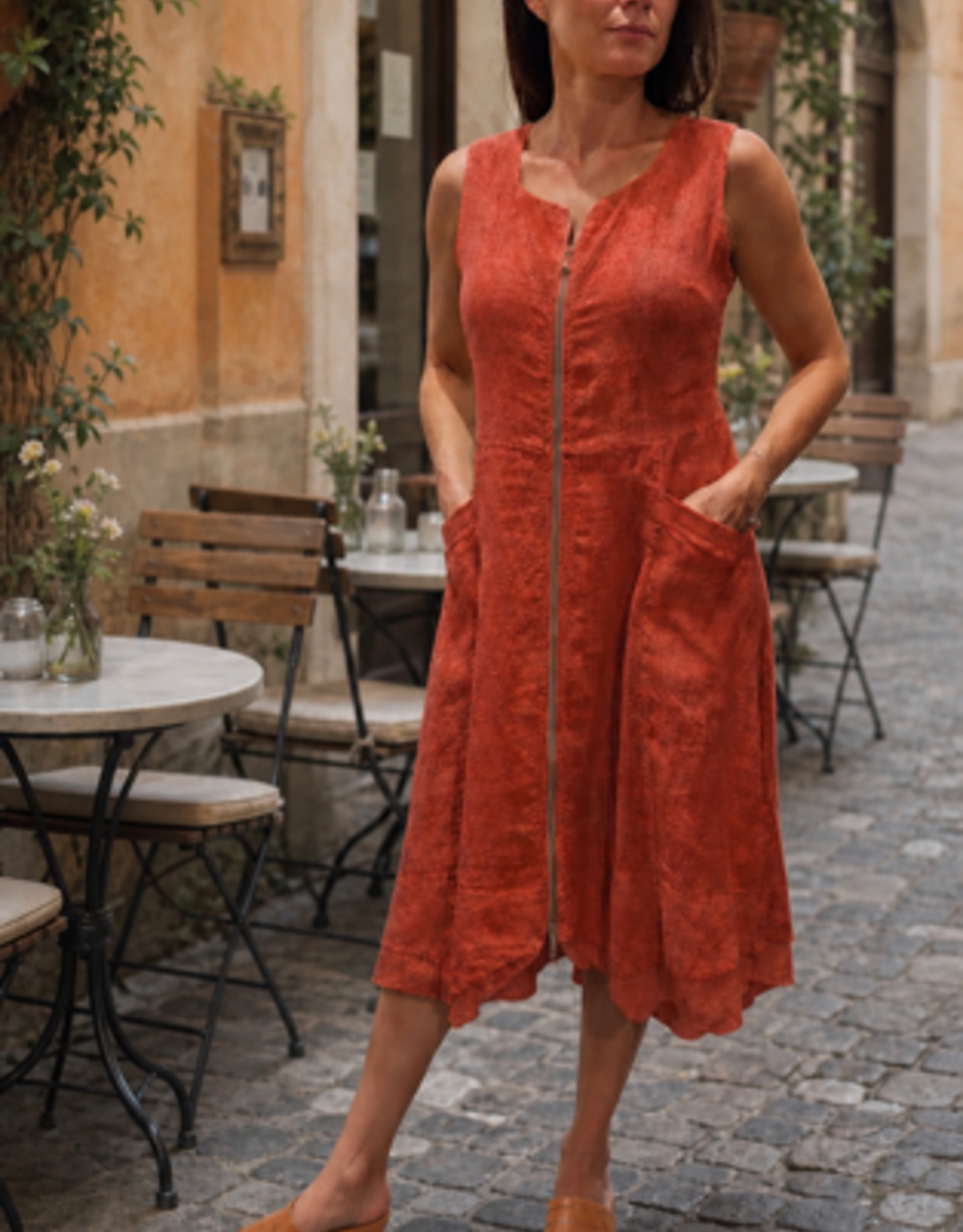 Inizio  Linen Short Zip Dress Terra