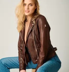 Mauritius Sofia Leather Moto Jacket Brown