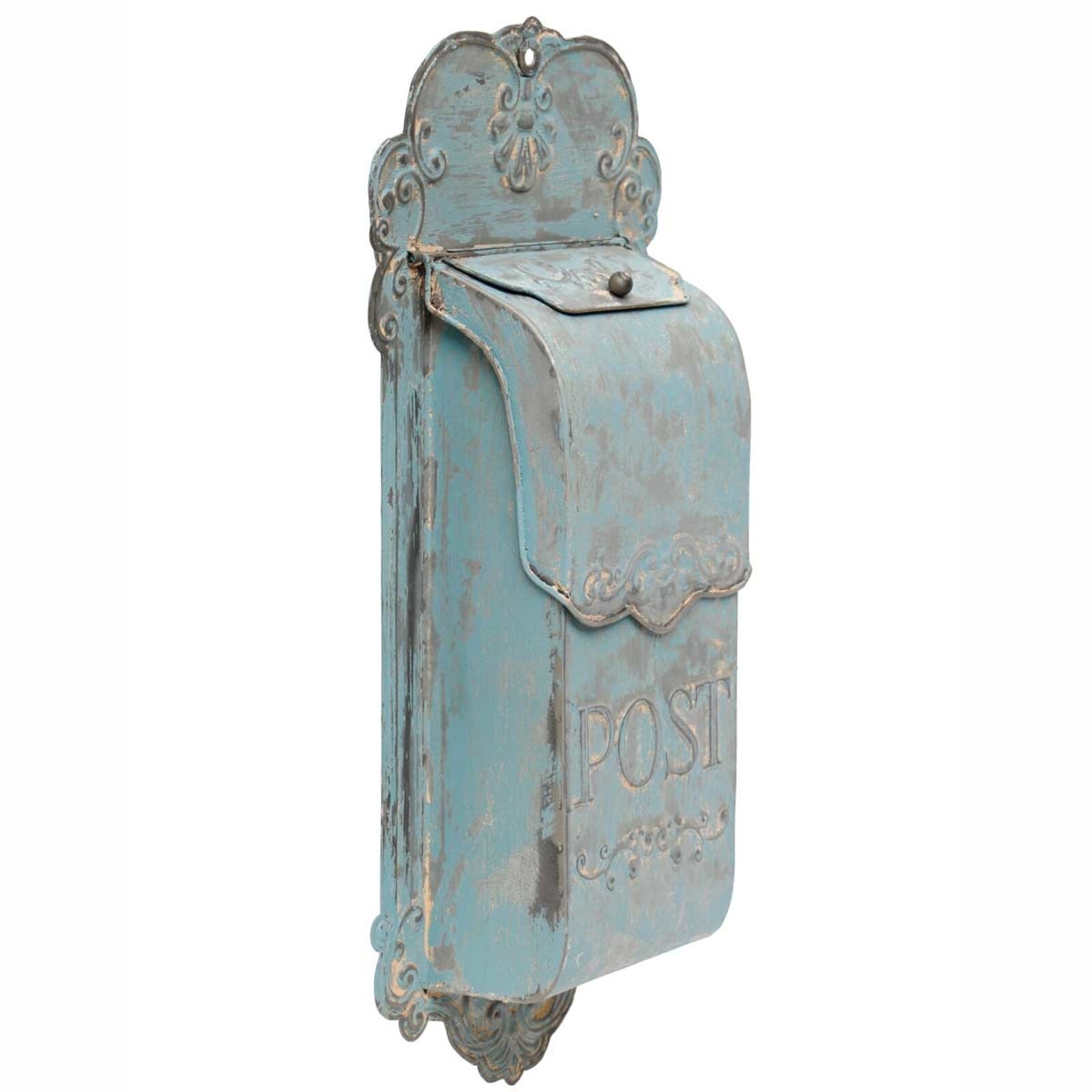 Meravic ANTIQUE BLUE METAL FRENCH SCROLL POSTBOX     A2680 loading=