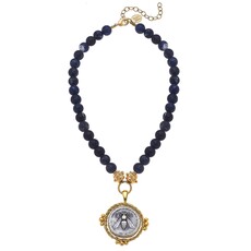 Susan Shaw Navy with Gold Bee Medallion Necklace  3912b
