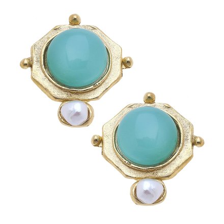 Susan Shaw Aqua in Gold with Pearl Earrings  1950aq