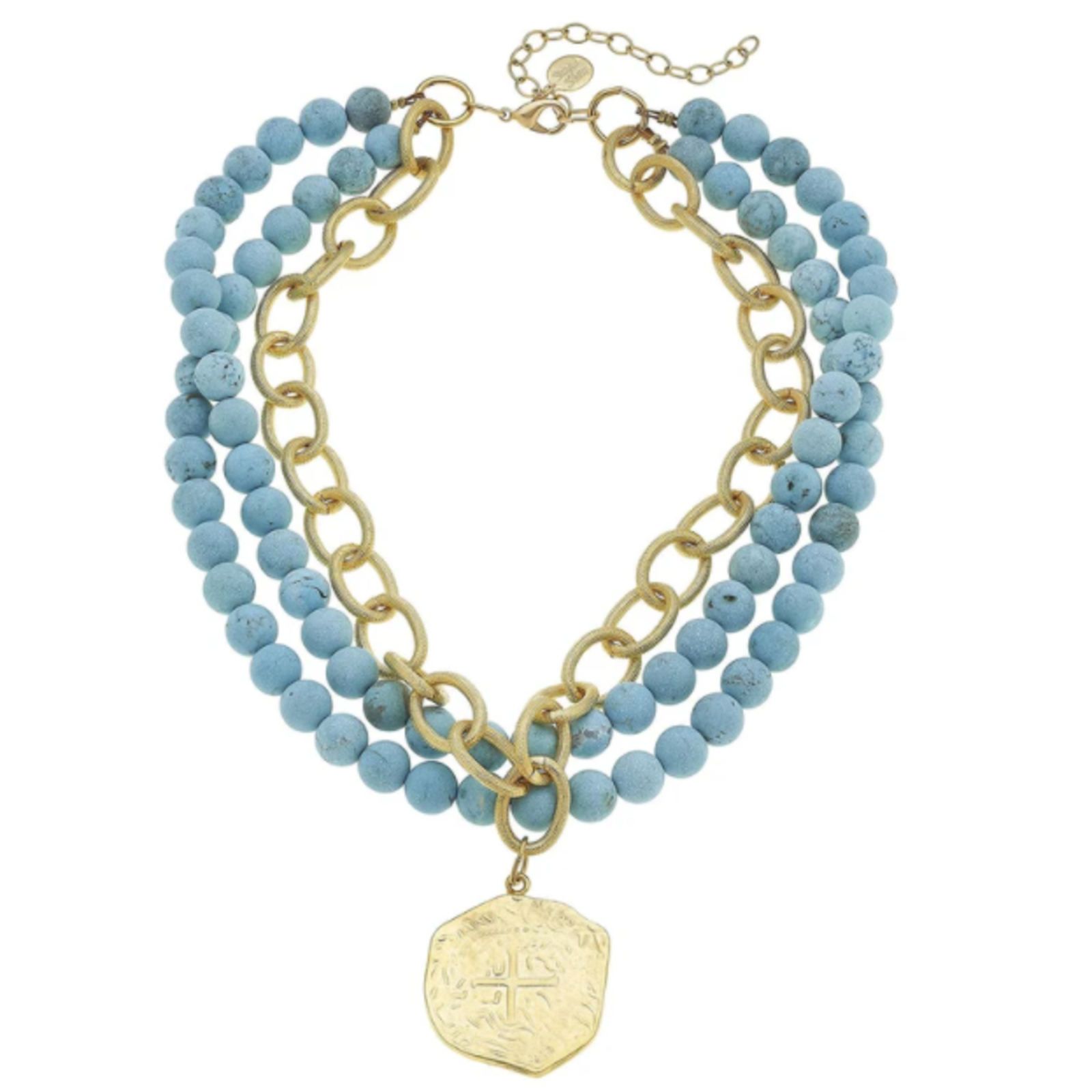 Susan Shaw Gold Coin on 3 Row Genuine Matte Turquoise Necklace  3666cr loading=