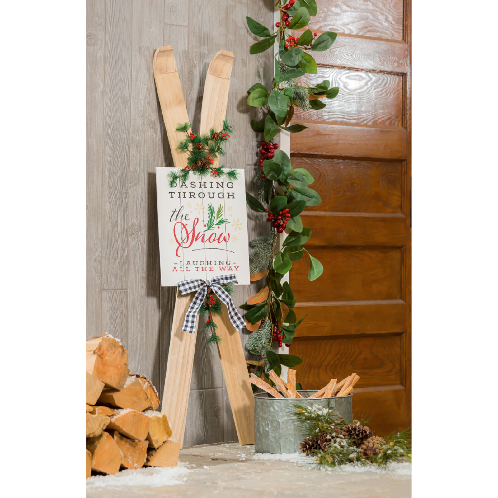 Evergreen Enterprises 44.5"H Wooden Ski with Artificial Holiday Porch Décor    84G3492 loading=