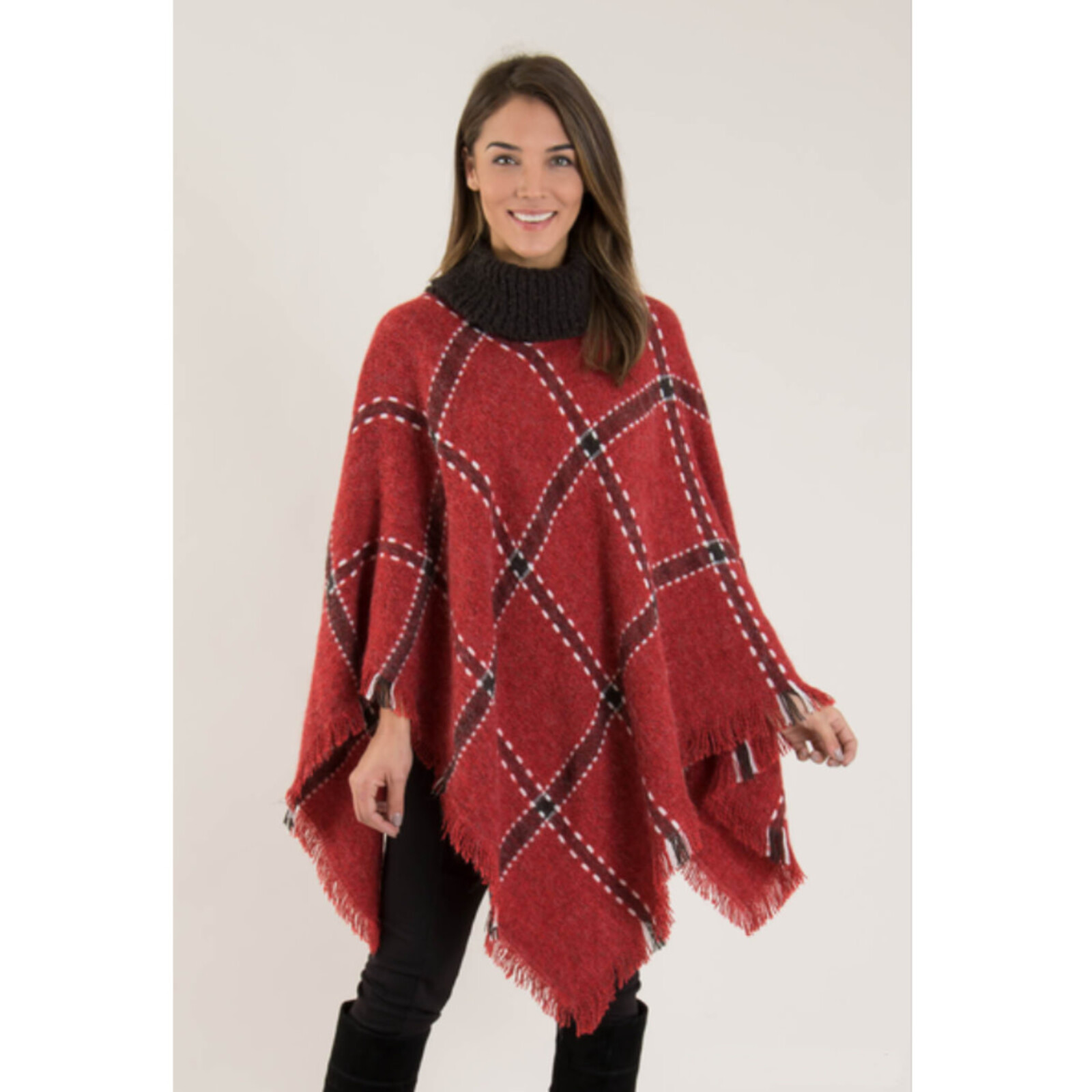 Simply Noelle Cowl Neck Stitched Plaid Poncho - Red      PNCH8006R loading=