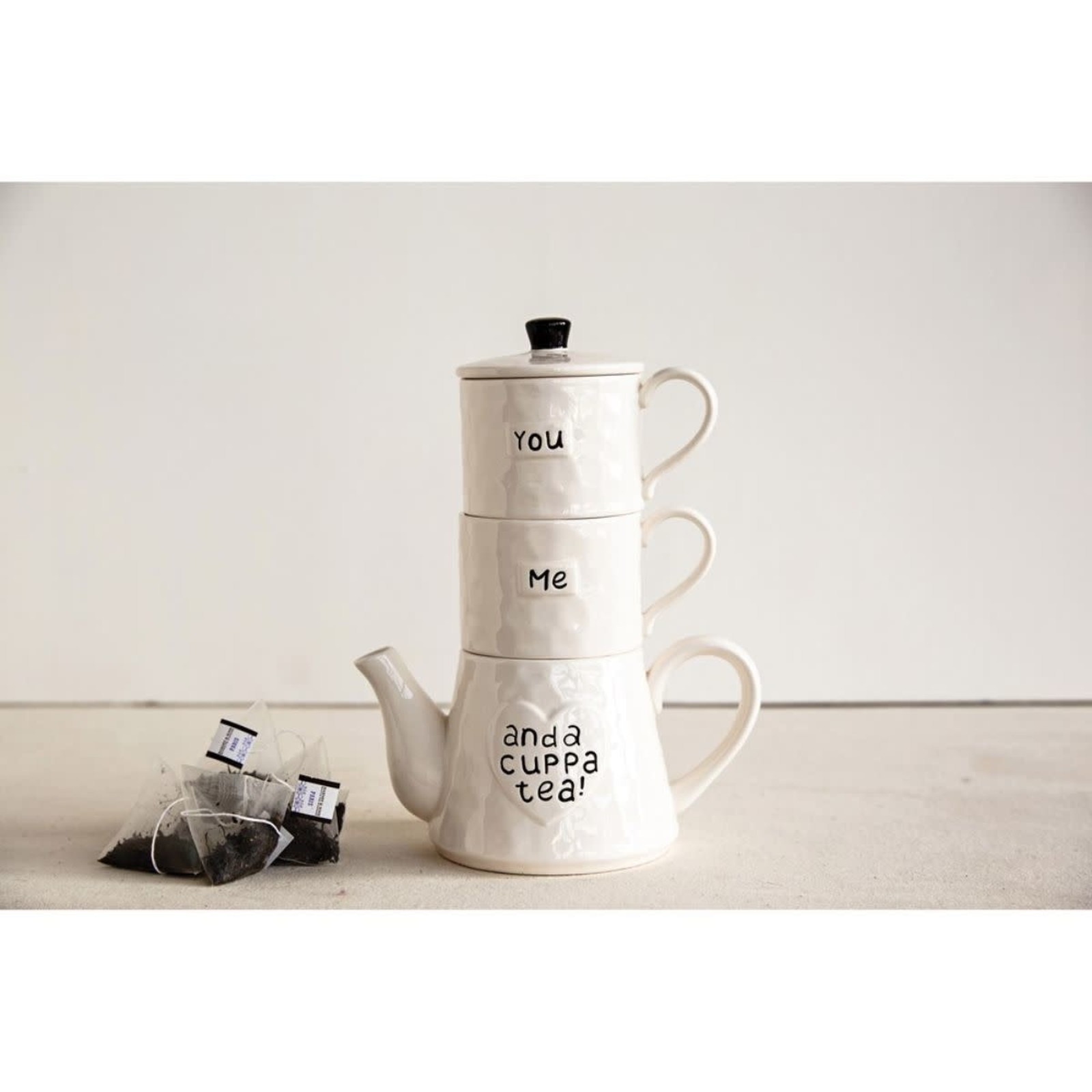 Creative Co-Op Stoneware Stackable Teapot & Mugs loading=