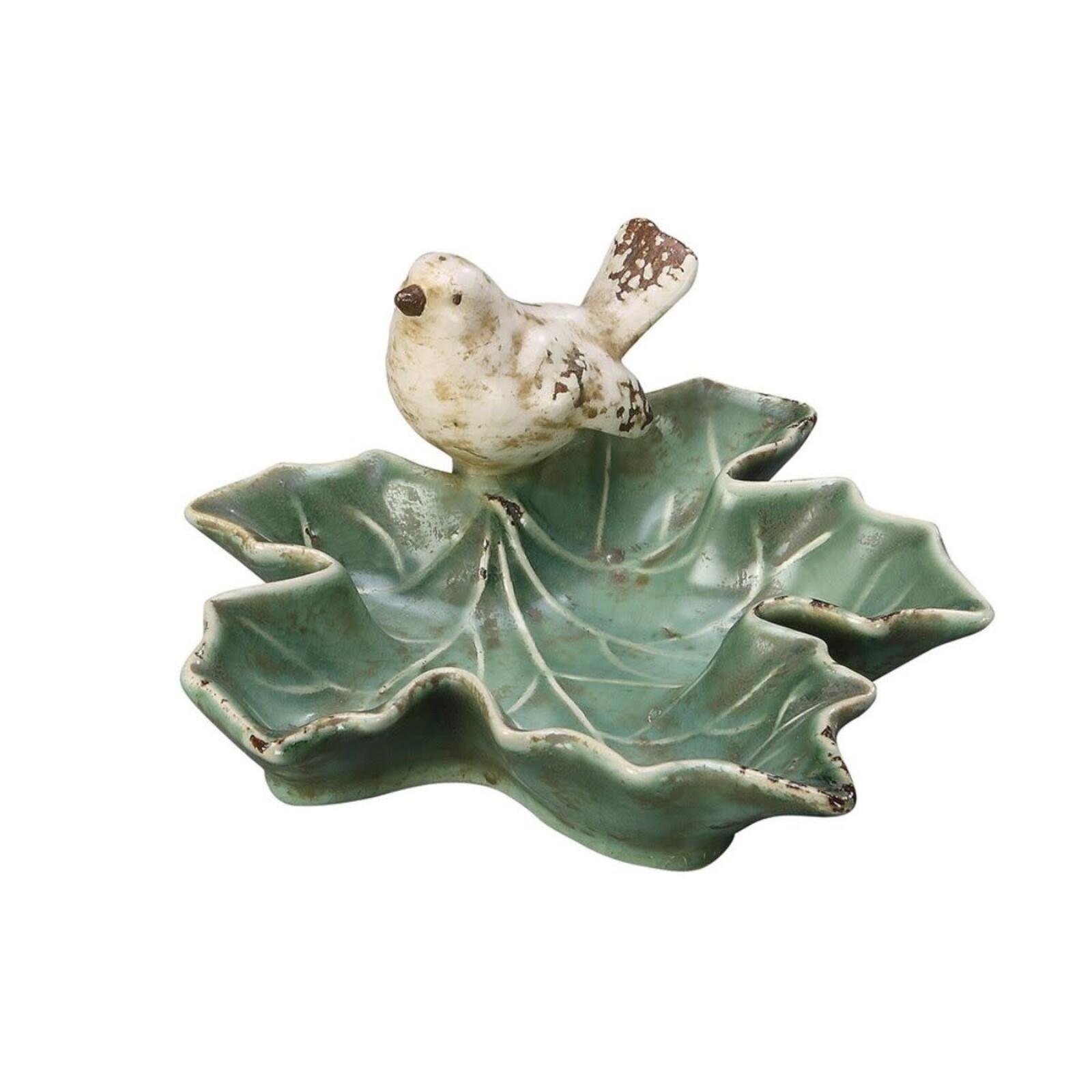 Creative Co-Op Ceramic Leaf Dish w/ Bird loading=