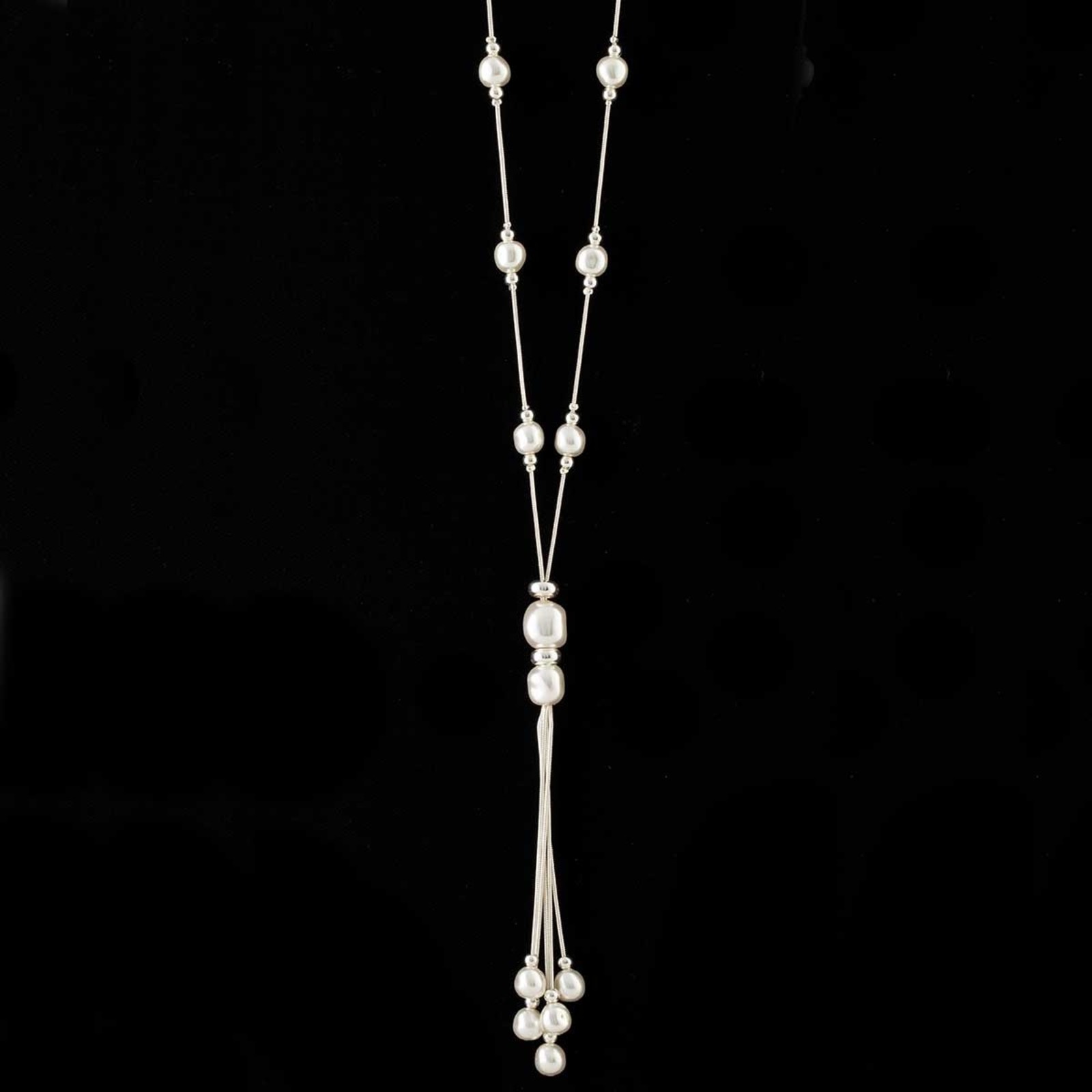 Trezo Satin Silver Pearl Bead with Tassel Necklace on Chain  C3161 loading=