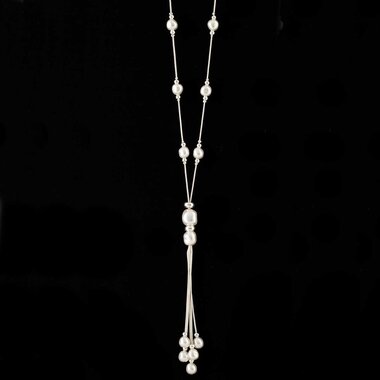 Trezo Satin Silver Pearl Bead with Tassel Necklace on Chain  C3161