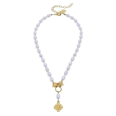 Susan Shaw Gold Multi Cross on Genuine Freshwater Pearl Necklace3757wg