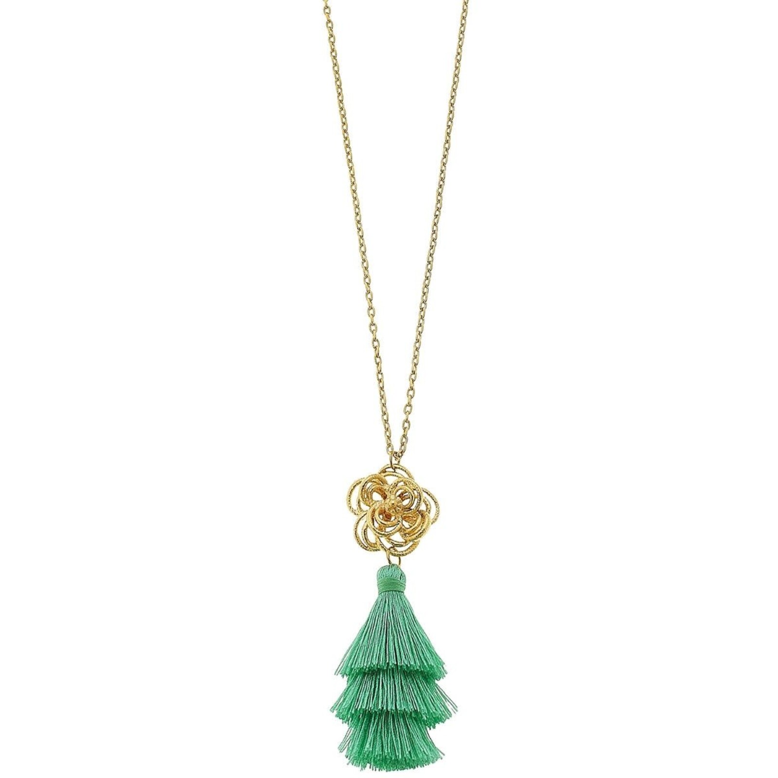 Susan Shaw Gold Open Flower and Teal Tiered Tassel Necklace3170t loading=
