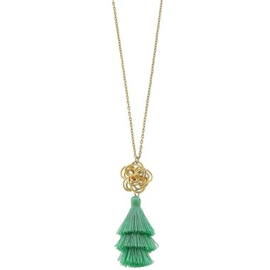 Susan Shaw Gold Open Flower and Teal Tiered Tassel Necklace3170t