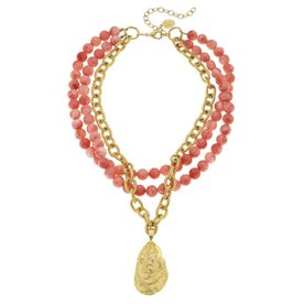 Susan Shaw Gold Oyster Shell and Pink Coral Necklace   3240o