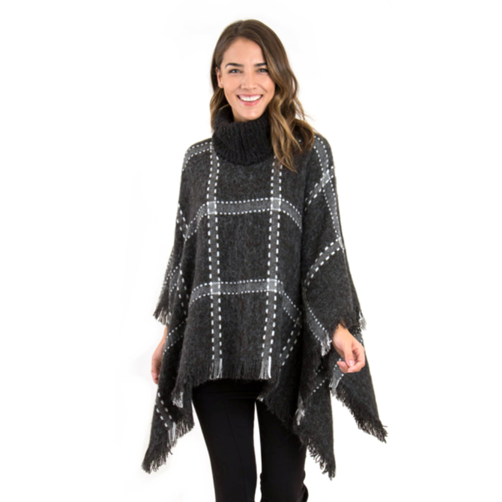 Simply Noelle Cowl Neck Stitched Plaid Poncho PNCH8006 loading=