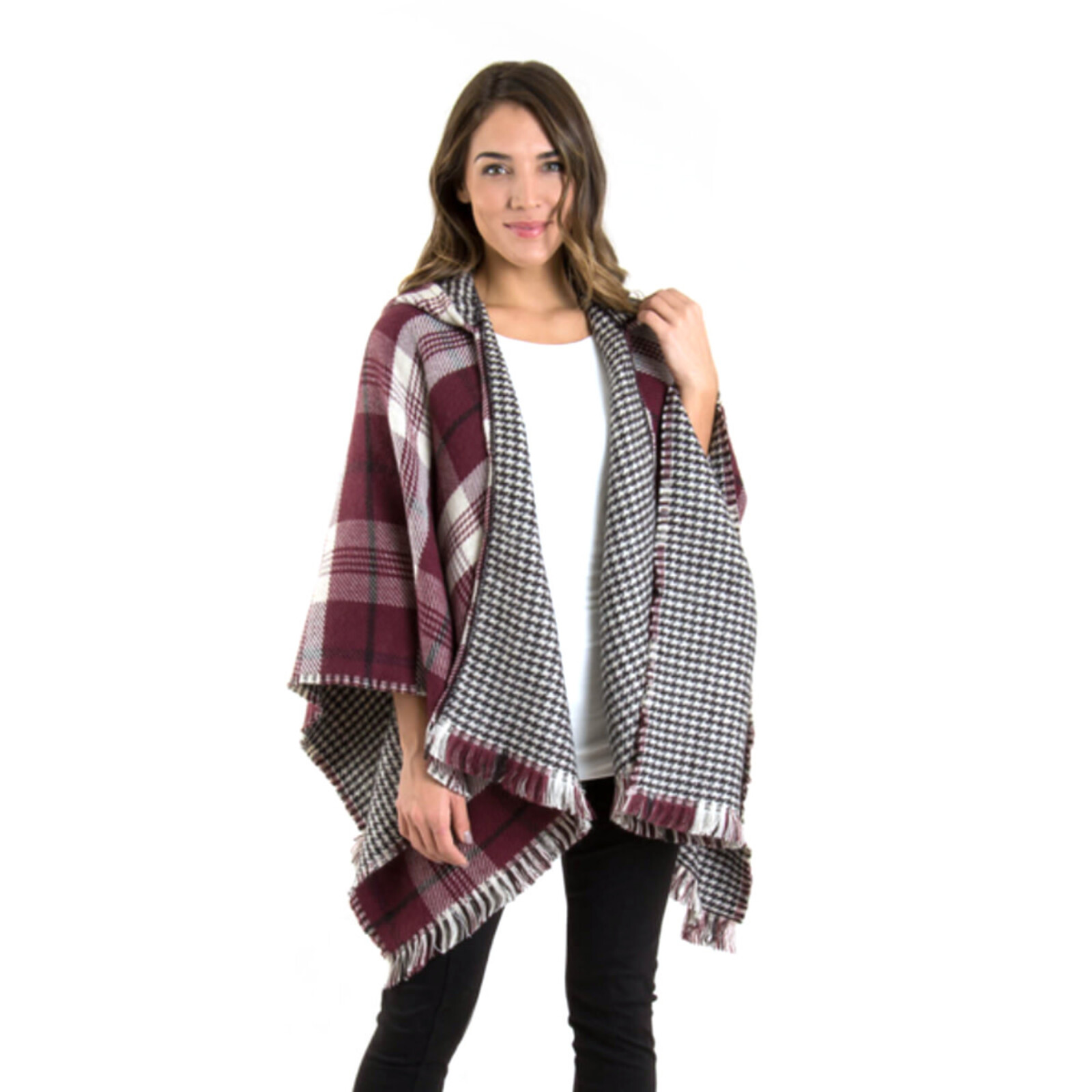 Simply Noelle Plaid & Houndstooth Hooded Wrap      WRP8008 loading=