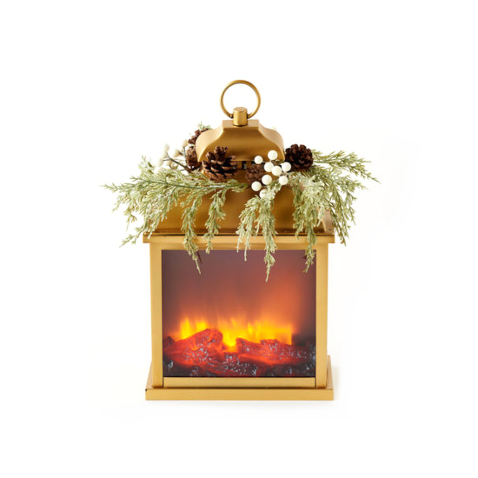 One Hundred 80 Degrees Fire Light Lantern w/Pine Wreath, Gold  EM2126 loading=