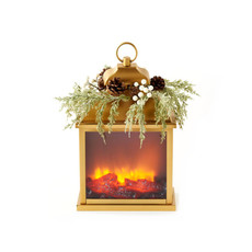 One Hundred 80 Degrees Fire Light Lantern w/Pine Wreath, Gold  EM2126