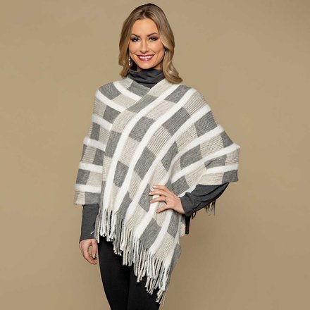 Trezo White/Grey Knit Window Pane Poncho  S6084