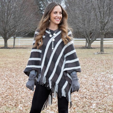 Trezo Black Knit Window Pane Poncho White Stripes  S6085