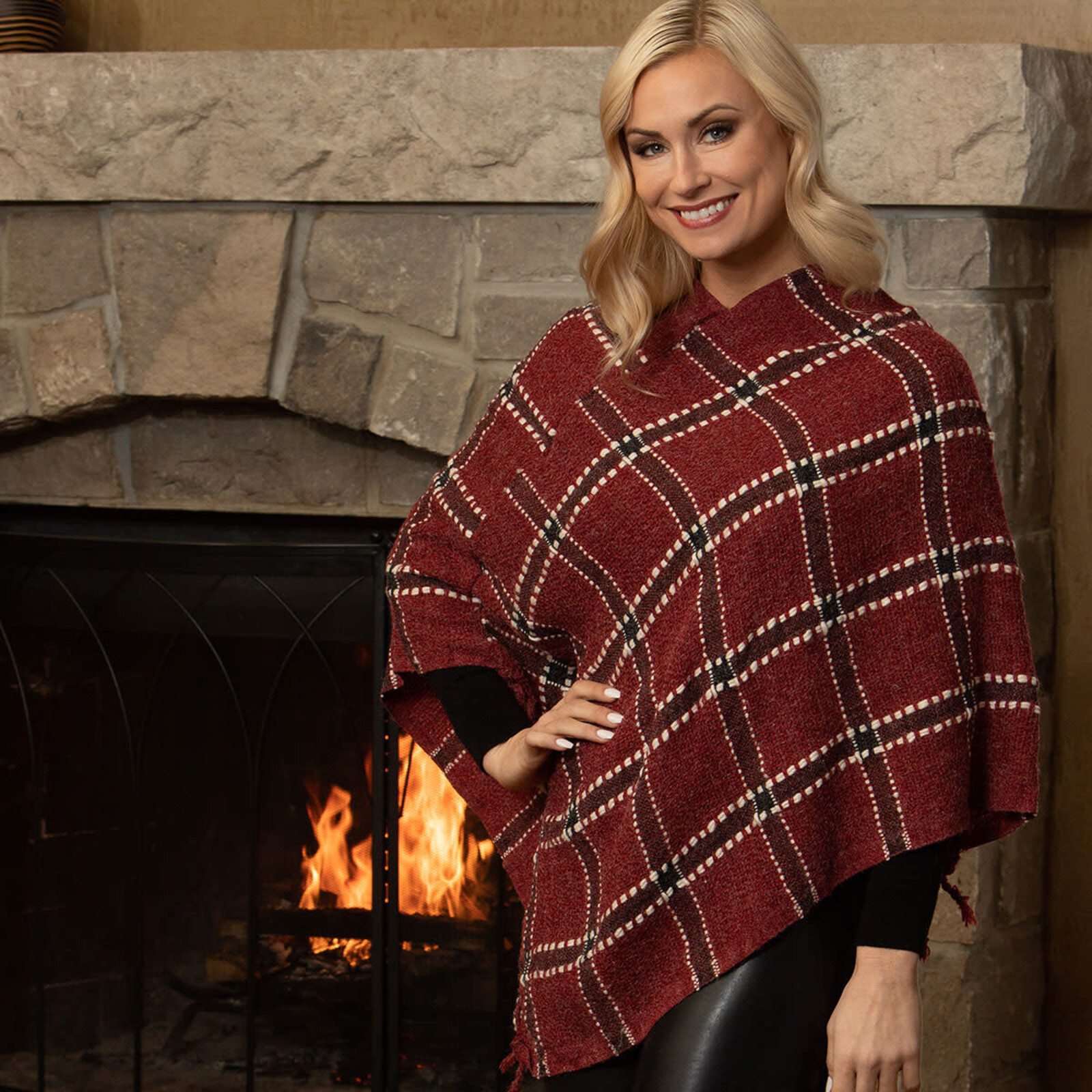 Trezo Burgundy Plaid Poncho      S5790 loading=