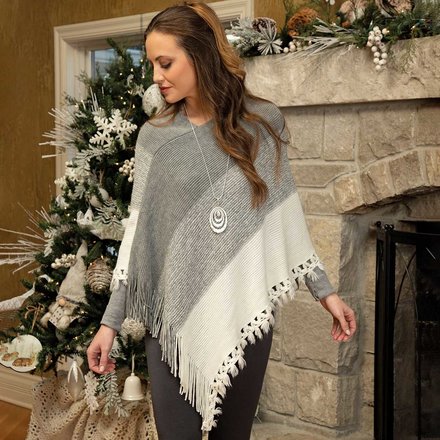 Trezo Grey/ White Stripe Knit Poncho with Fringe S6087