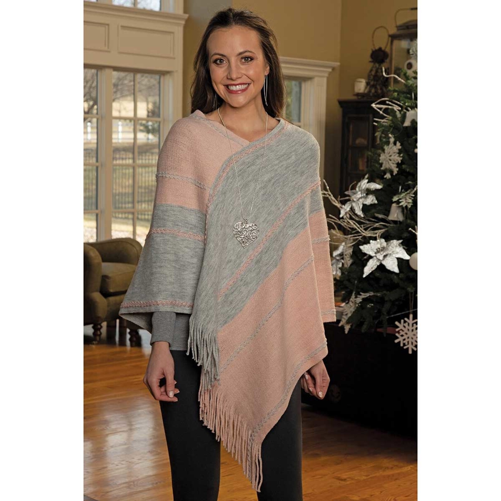 Trezo Pink and Grey Knit Poncho with Fringe  S6088 loading=