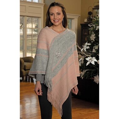 Trezo Pink and Grey Knit Poncho with Fringe  S6088