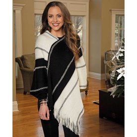 Trezo Black and Cream Knit Poncho with Fringe  S6089