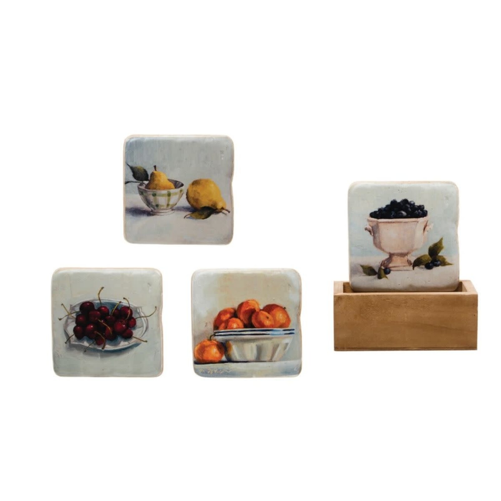 Creative Co-Op 3.75" Square Resin Coasters in Wood Box with Fruit, Set of 5   DF3401 loading=