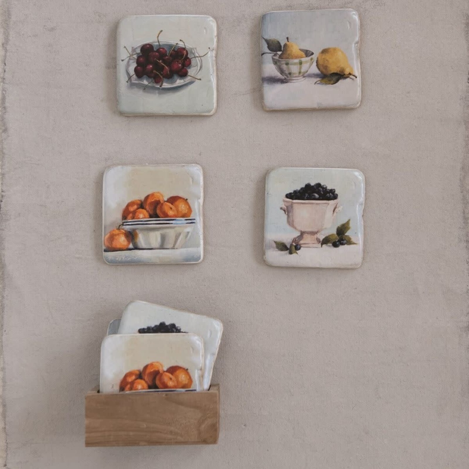 Creative Co-Op 3.75" Square Resin Coasters in Wood Box with Fruit, Set of 5   DF3401 loading=