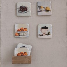 Creative Co-Op 3.75" Square Resin Coasters in Wood Box with Fruit, Set of 5   DF3401