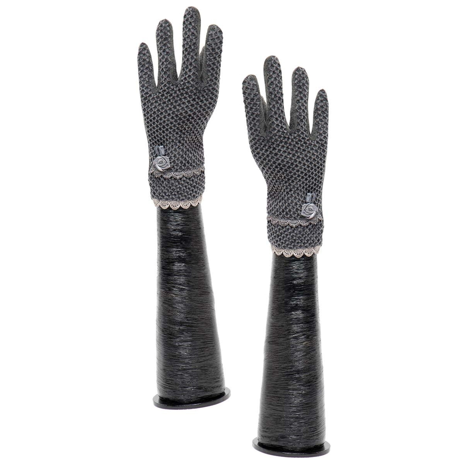 Meravic Grey Gloves with Rose and Scallop Trim  X8033 loading=