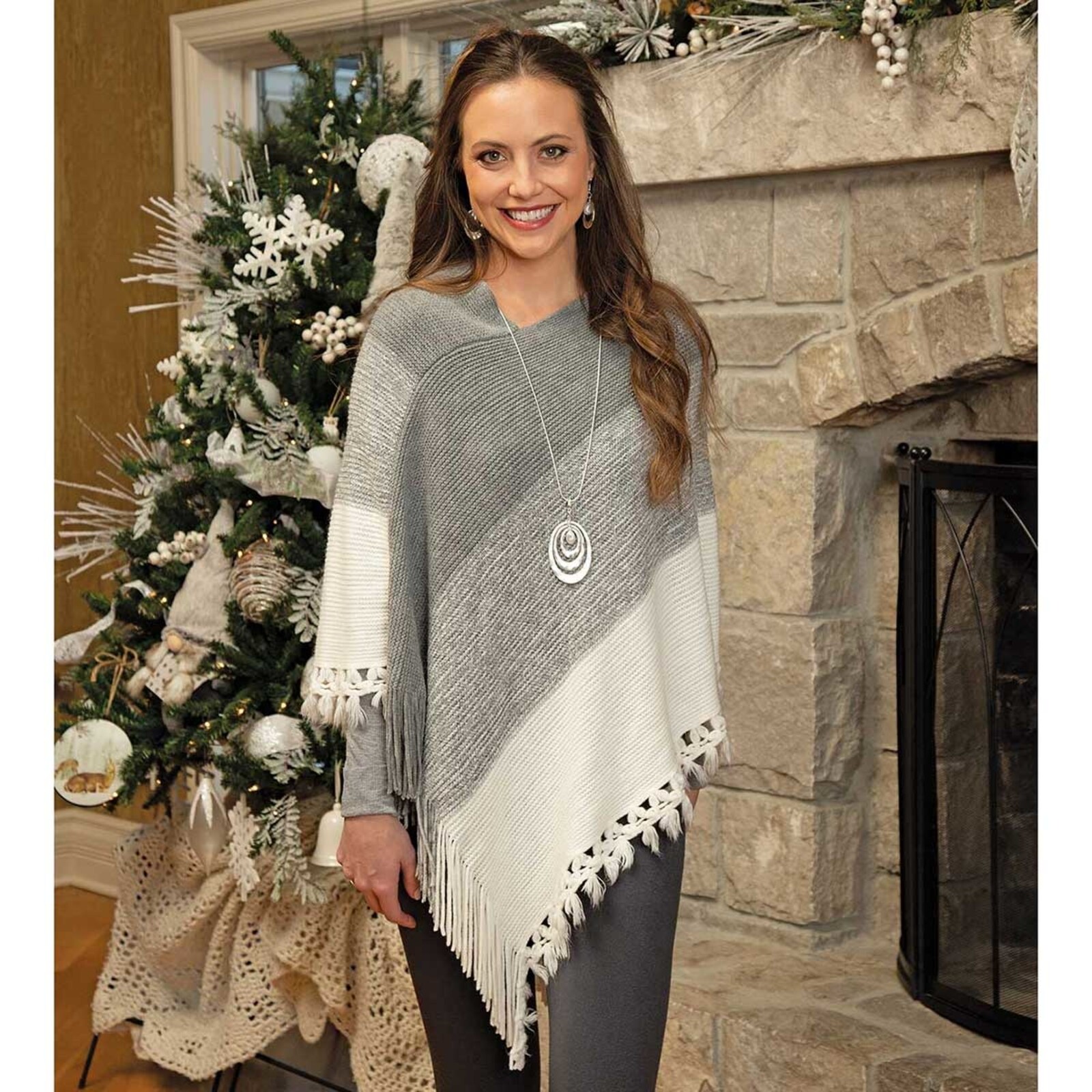 Trezo Grey/ White Stripe Knit Poncho with Fringe S6087 loading=