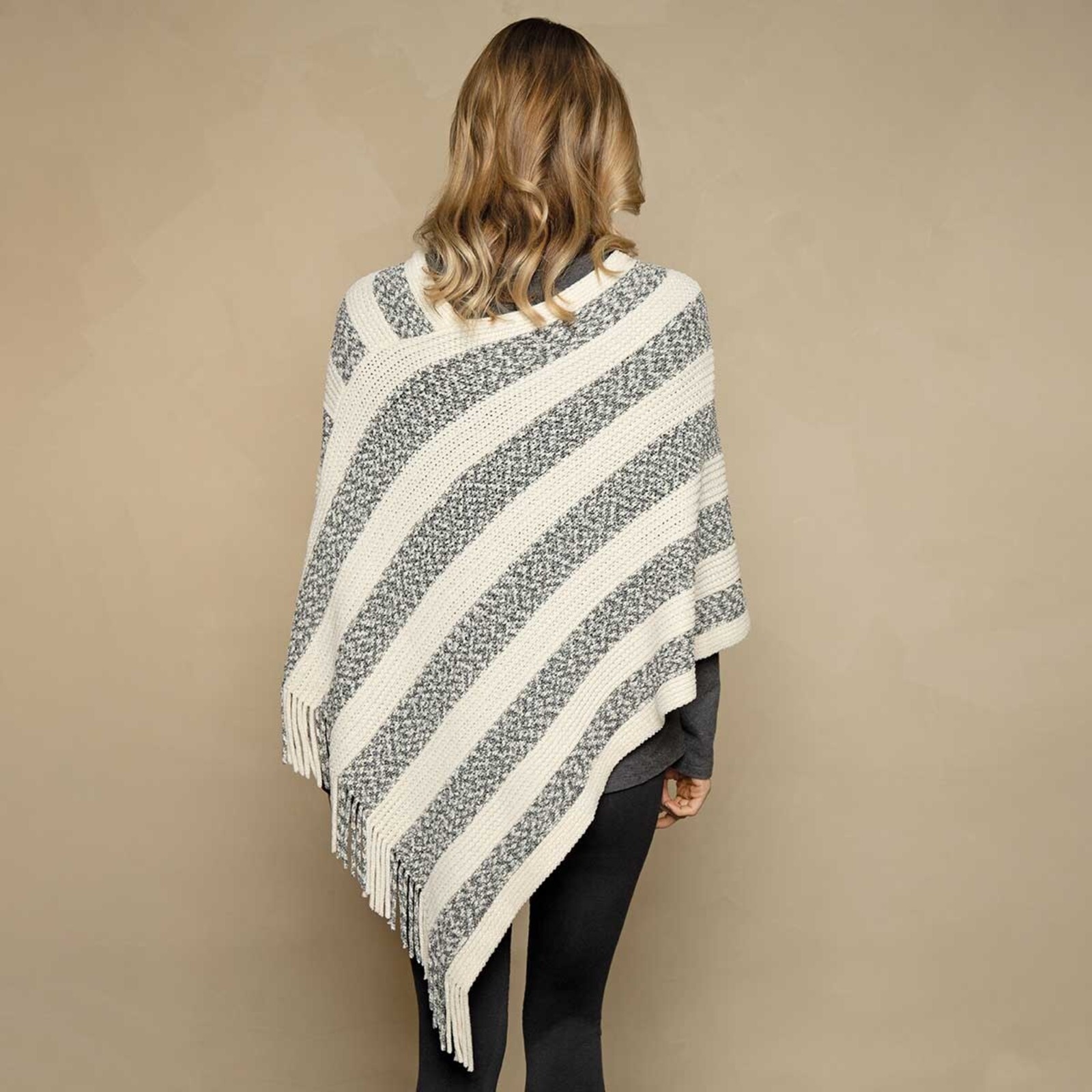 Trezo Grey/Cream  Stripe Knit Chenille Poncho with Fringe S6093 loading=