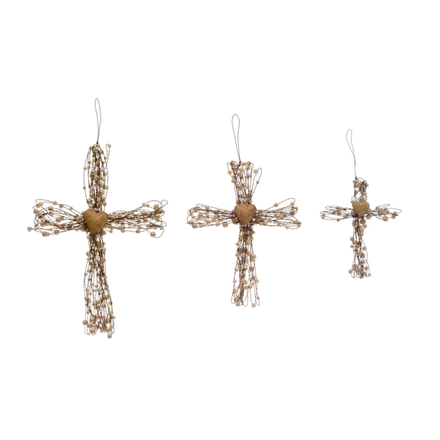 Creative Co-Op Beaded Wire Cross Ornaments with Heart Small   XM6126S