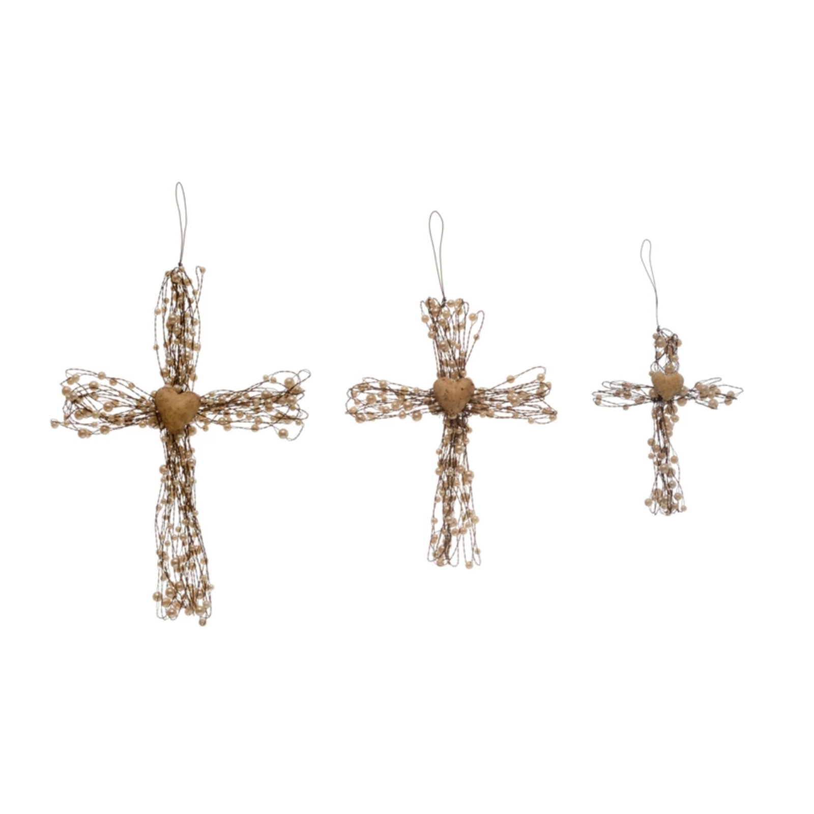 Creative Co-Op Beaded Wire Cross Ornaments with Heart Large   XM6126L loading=