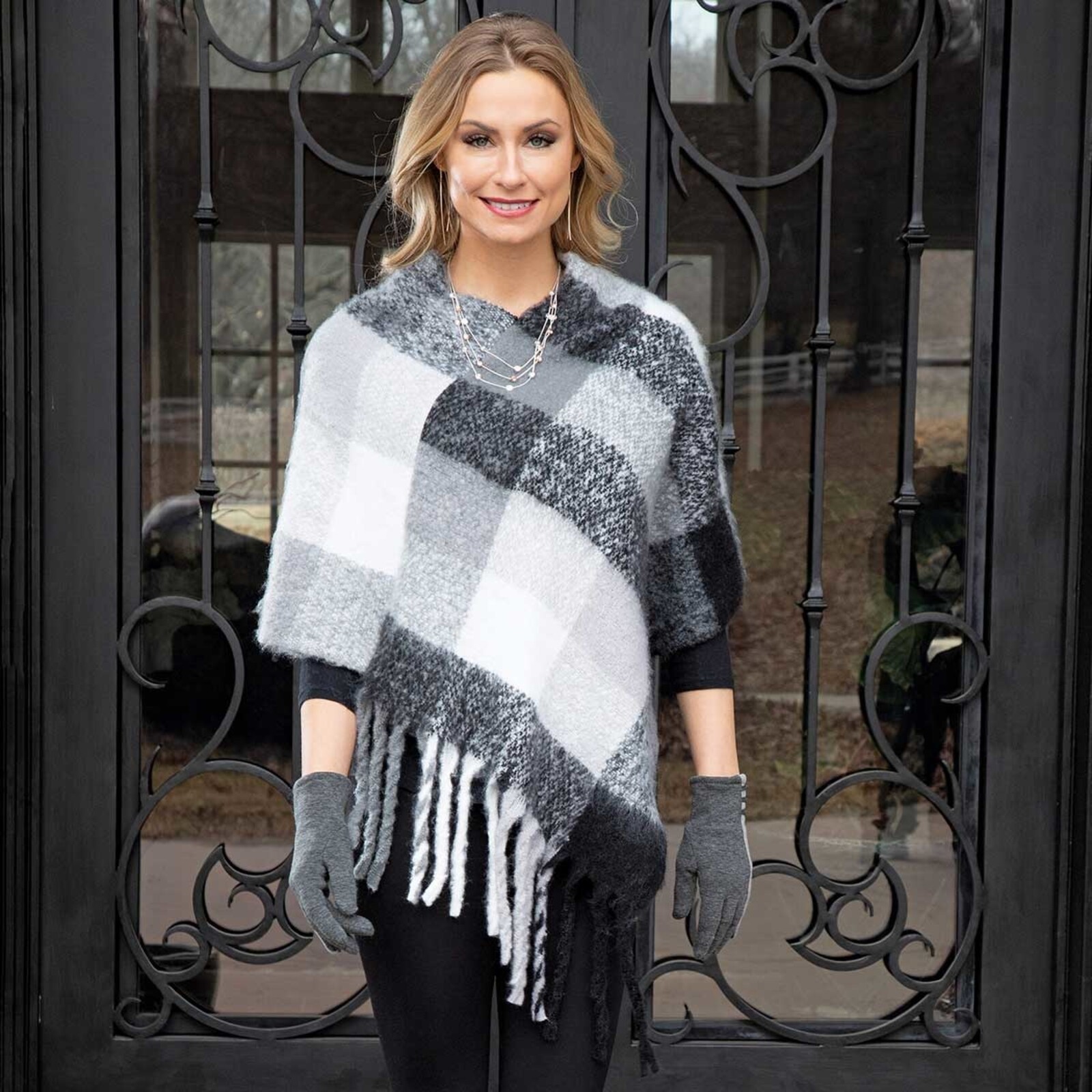 Meravic Black and Grey Plaid Knit Poncho with Fringe 34"x36" S6095 loading=