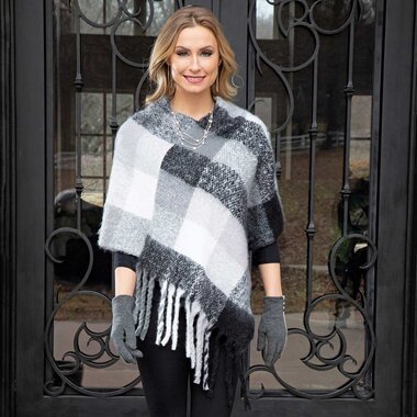 Meravic Black and Grey Plaid Knit Poncho with Fringe 34"x36" S6095