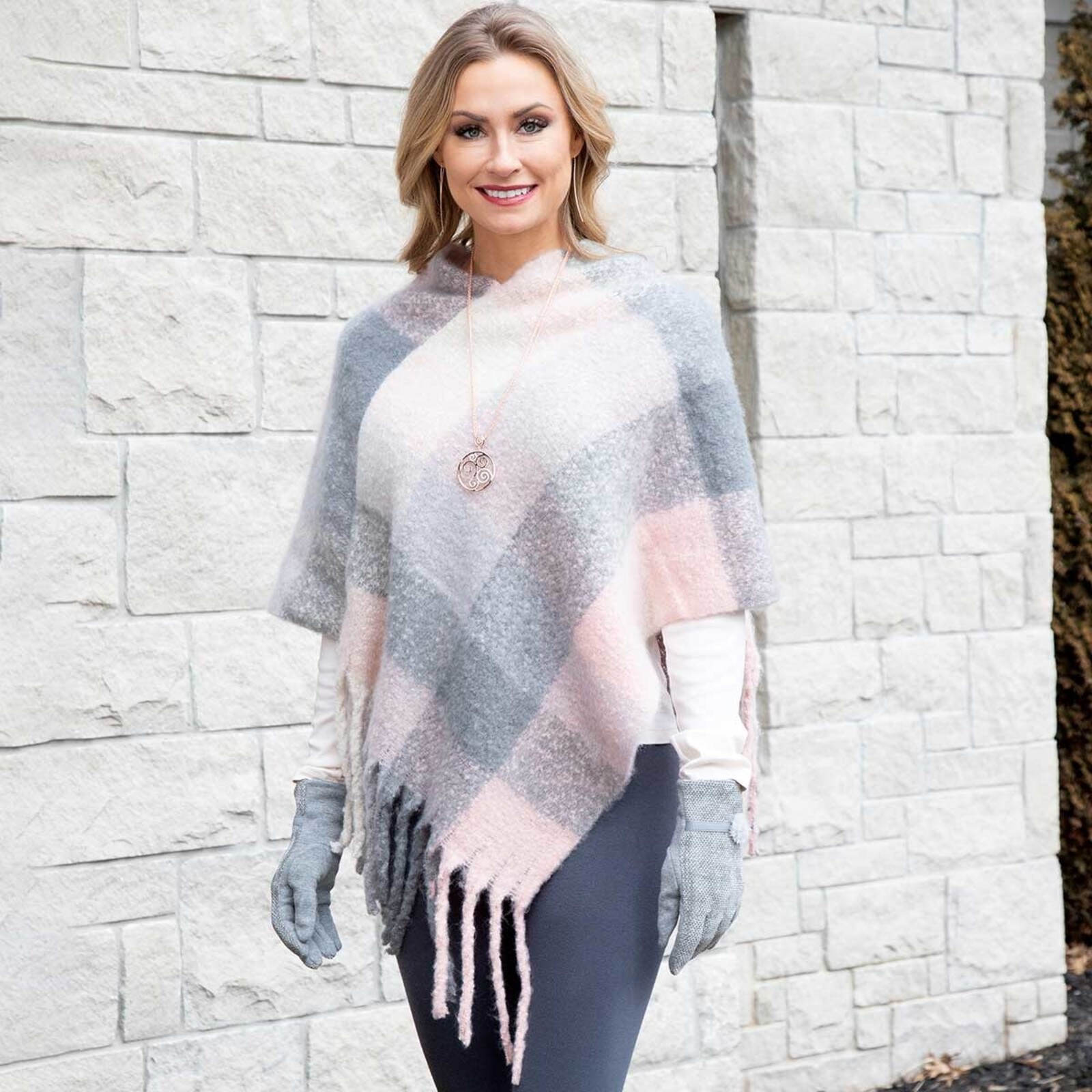 Meravic Pink and Grey Plaid Knit Poncho with Fringe 34"x36" loading=