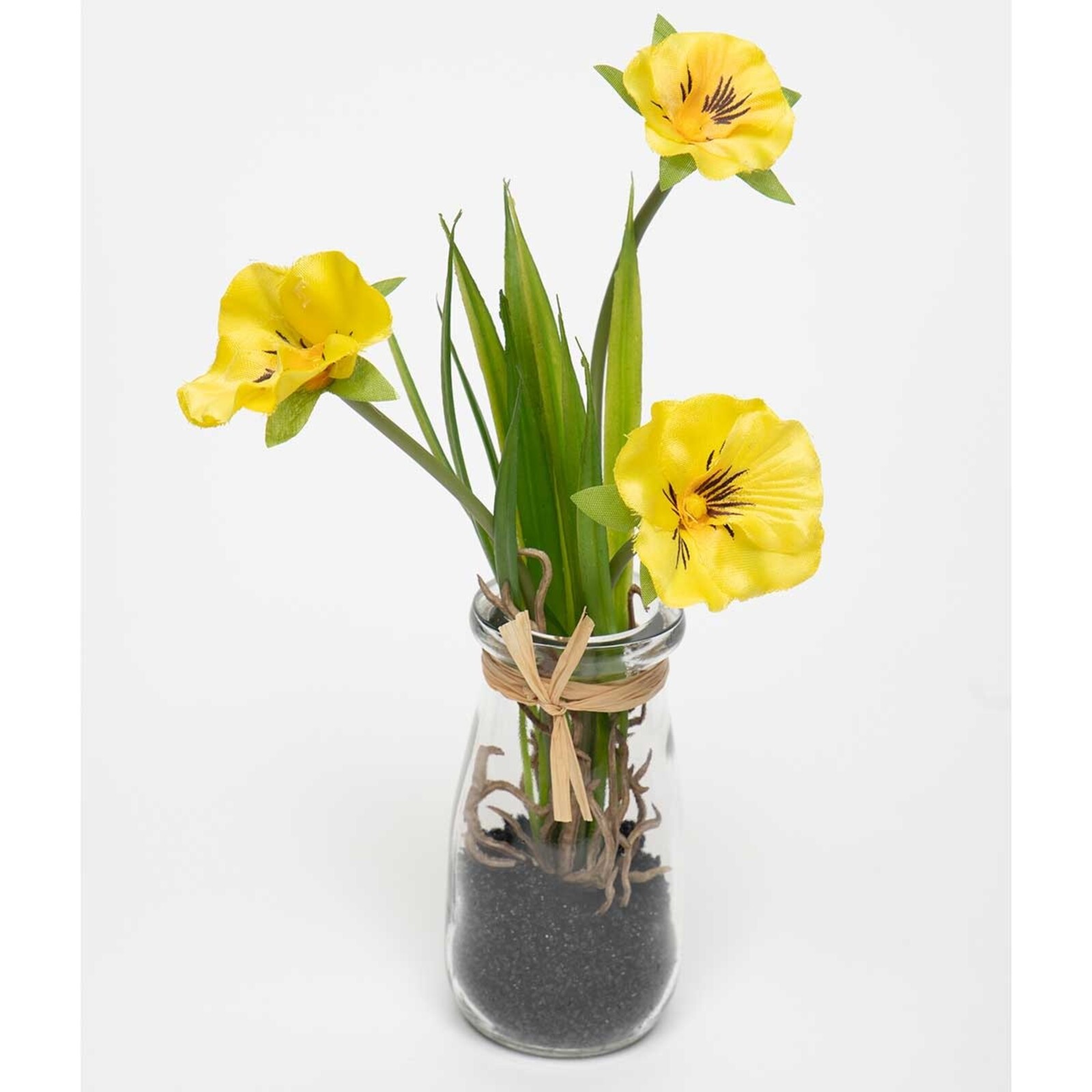 Meravic Pansy in Glass Bottle with Raffia 4.5"x8.5" Yellow loading=