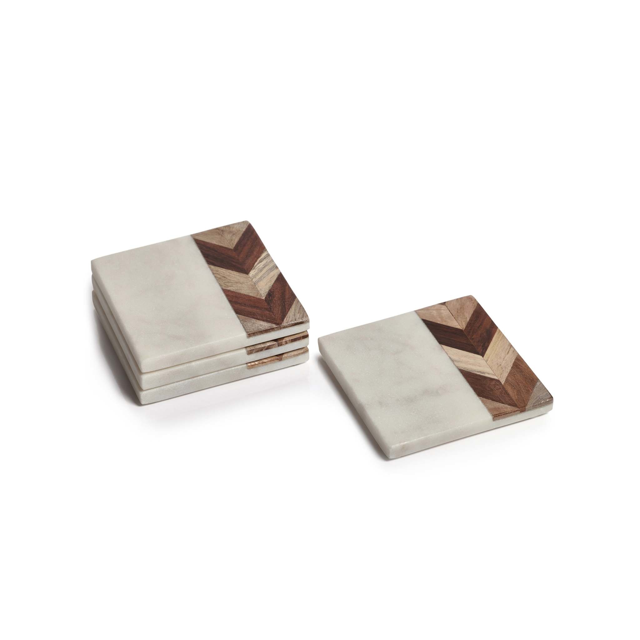 Carlyle Avenue | Milan Marble with Chevron Design Wood Coasters - S/4 | Zodax