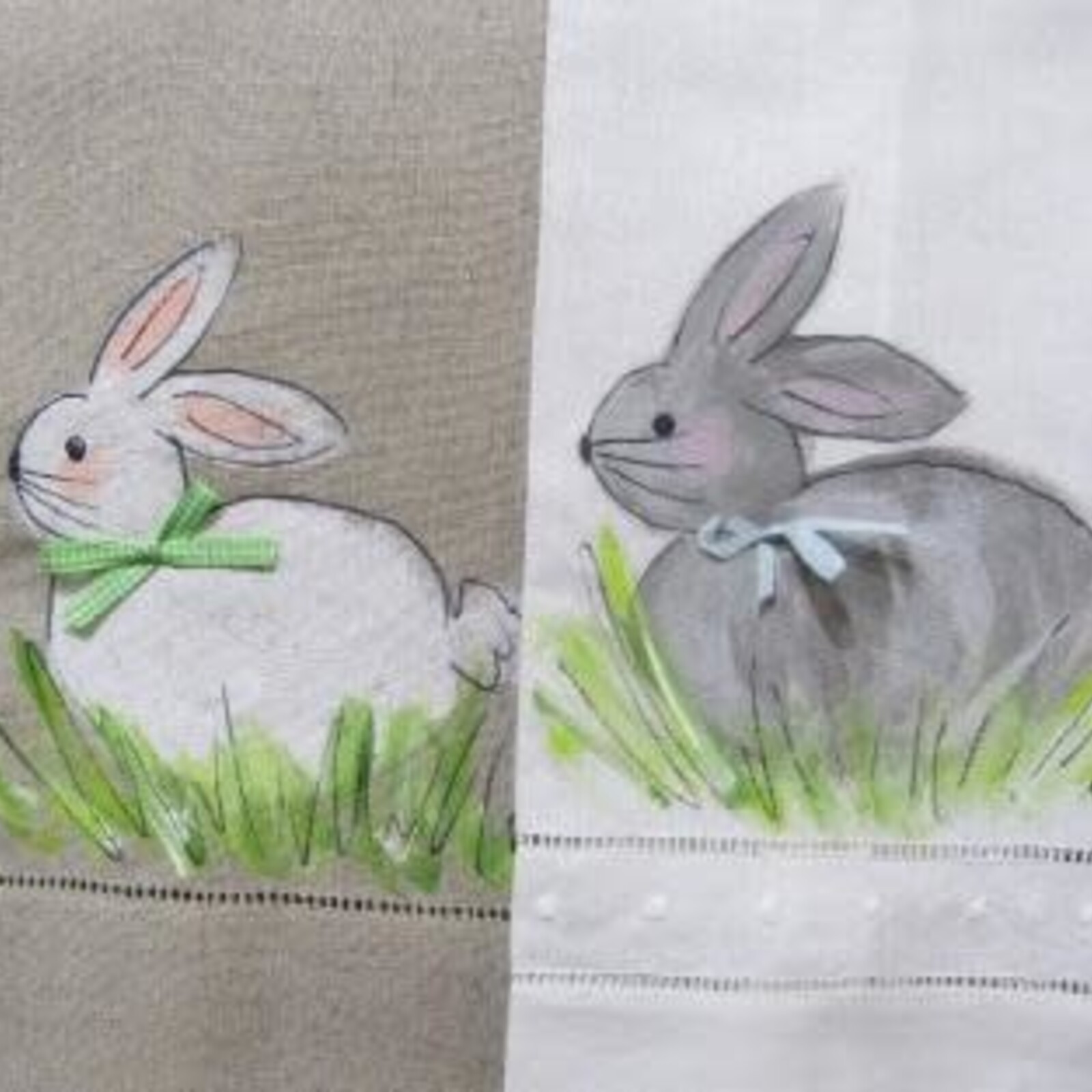 DZ Linens Hemstitched Towels w/Vintage  Simplicity Image. Hand Paint. Bunny BNT011 loading=