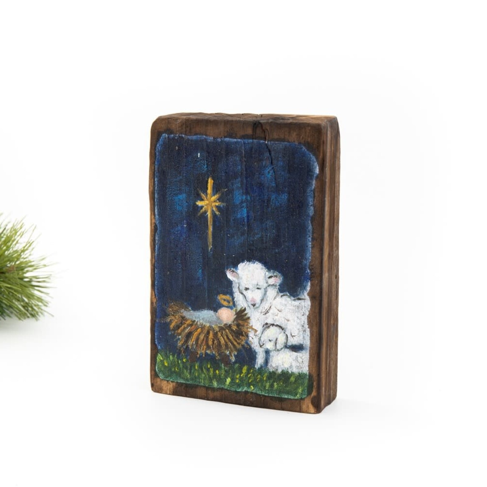 Trade Cie 4x6" Handpainted Rustic Wood Block, Sheep at the Manger TNX2027 loading=