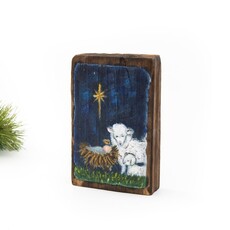 Trade Cie 4x6" Handpainted Rustic Wood Block, Sheep at the Manger TNX2027