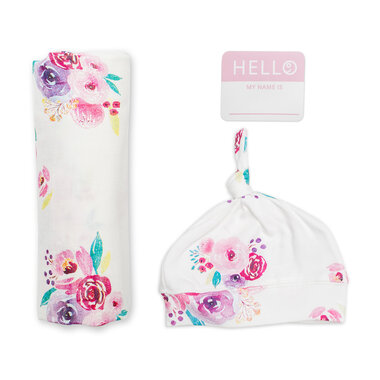 lulujo Lulujo Hello World Hat & Swaddle Set – Posies  LJ640