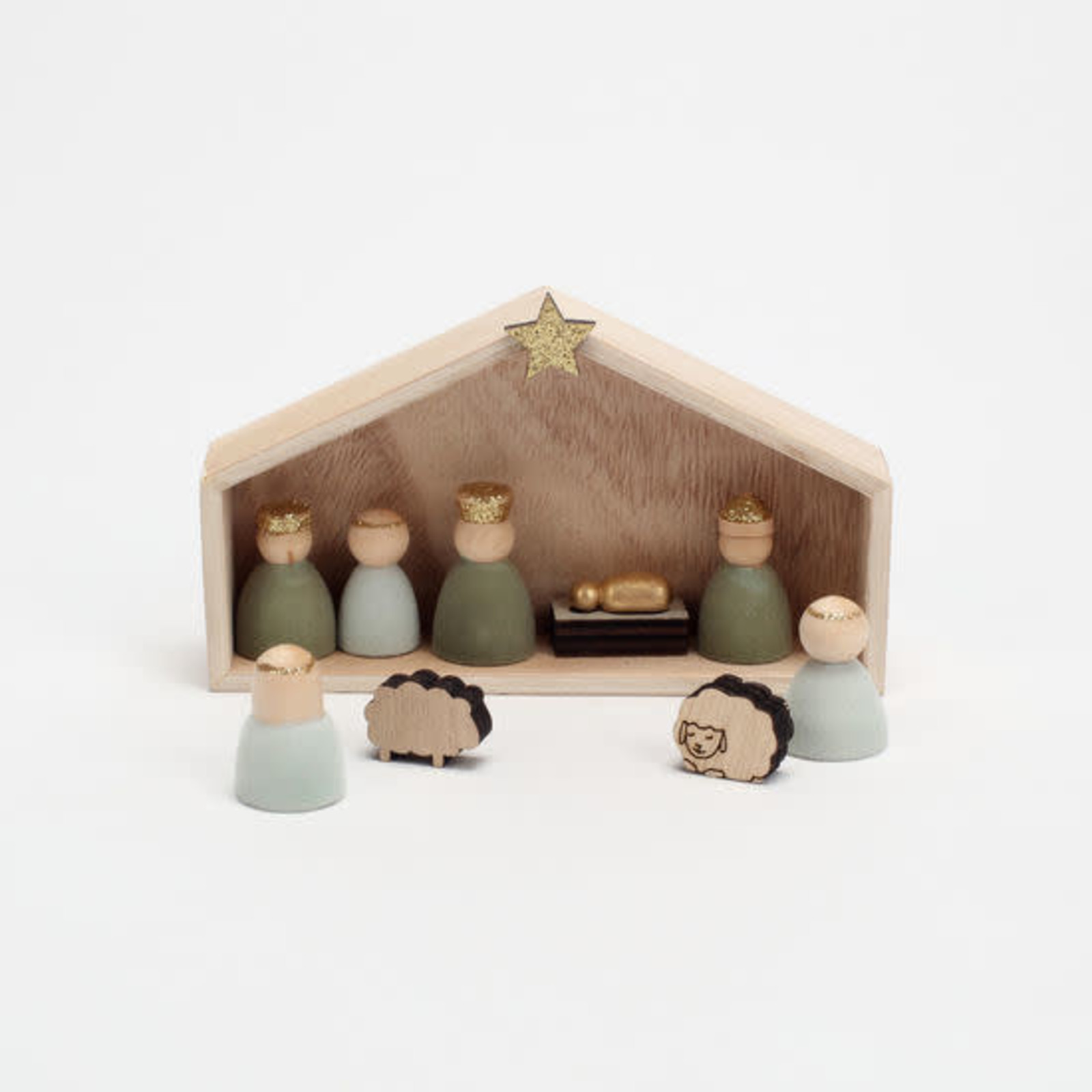 One Hundred 80 Degrees Flocked Nativity, St/9, Wood, Figures:1.25", Creche 5.75" x 3.25 RS0139 loading=